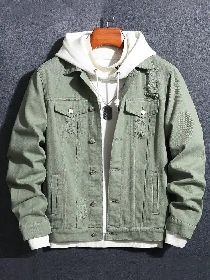 Denim jacket with hoodie from best online clothing store in Kochi.